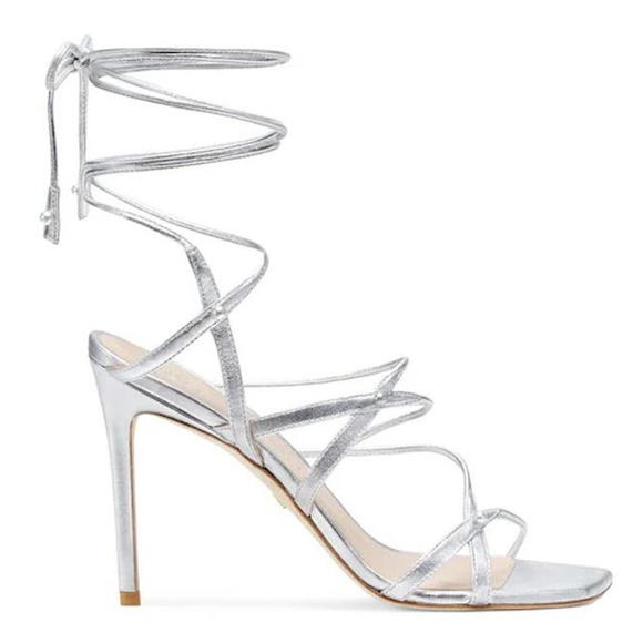 NWT Stuart Weitzman Astrid Silver Leather Ankle Wrap Sandal Pumps Size 10 - Picture 1 of 10